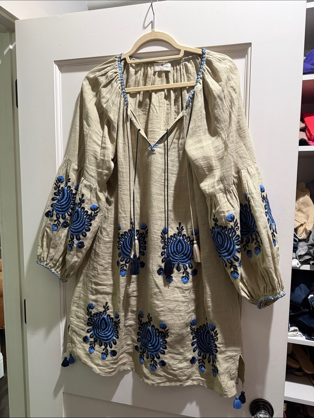 Embroidered Long-Sleeve Peasant Dress - Blue on Natural